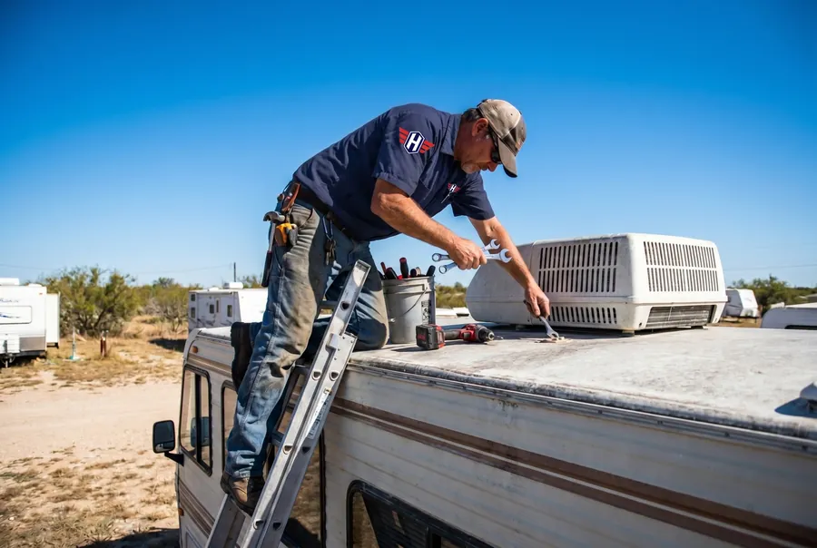 Technician repairing an RV rooftop AC unit