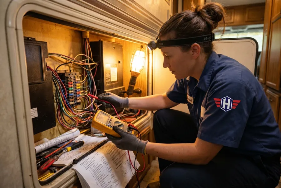 Technician testing RV electrical wiring